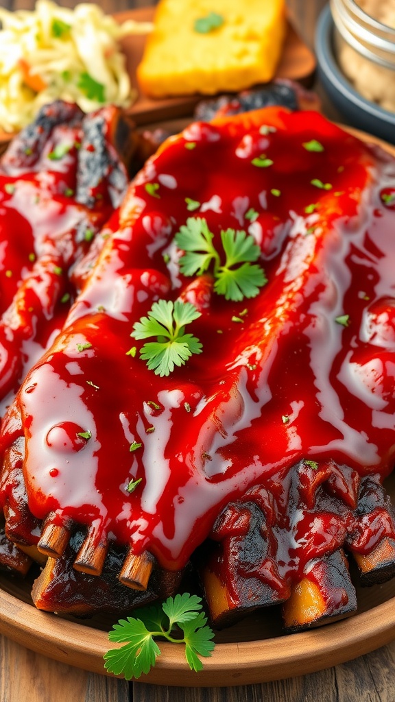 Succulent barbecue ribs with homemade sauce on a platter, garnished with parsley, alongside coleslaw and cornbread.